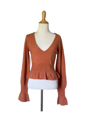 For Love & Lemons Deep V Neck Cropped Peplum Flounce Sweater